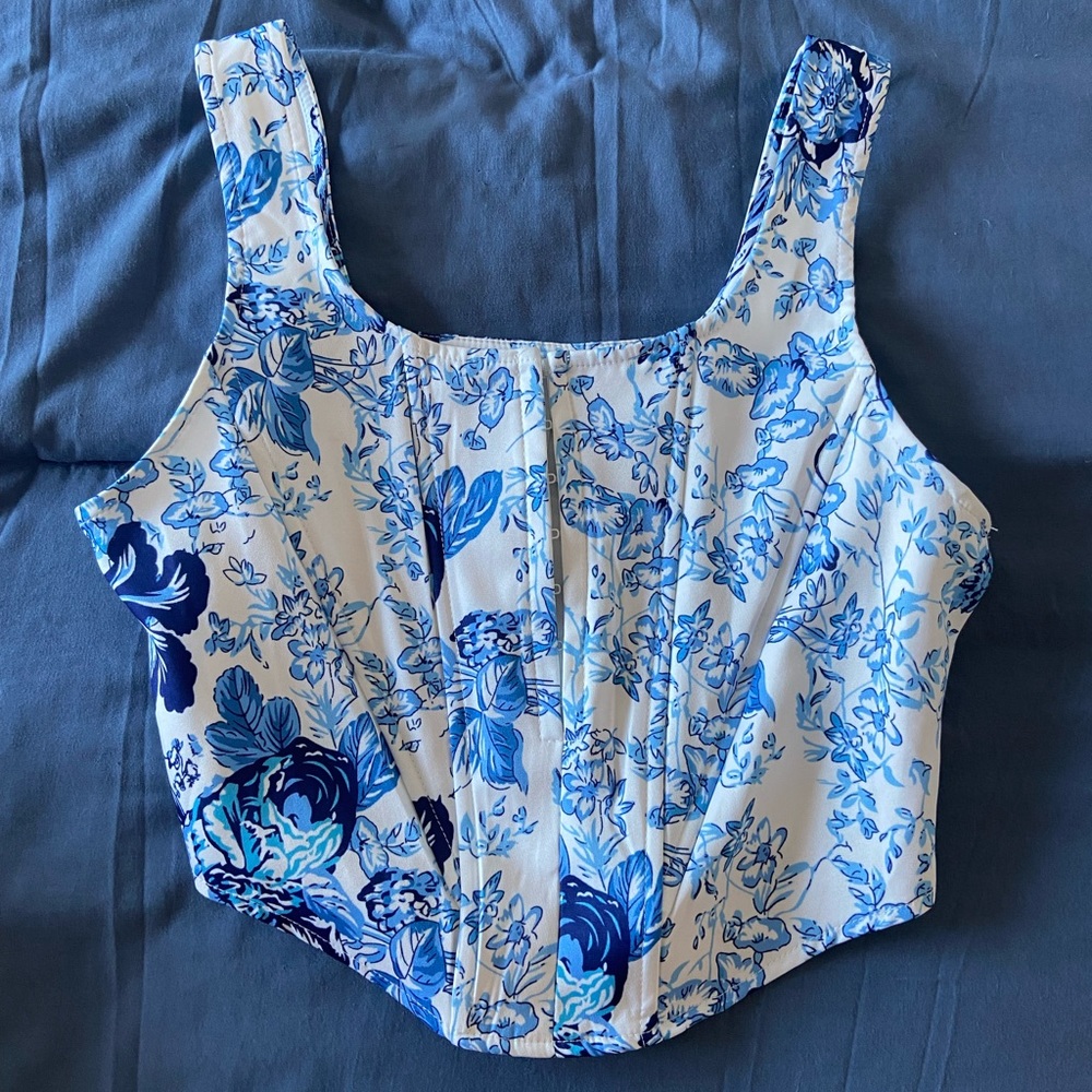 Cropped Corset Top - Blue and White Floral